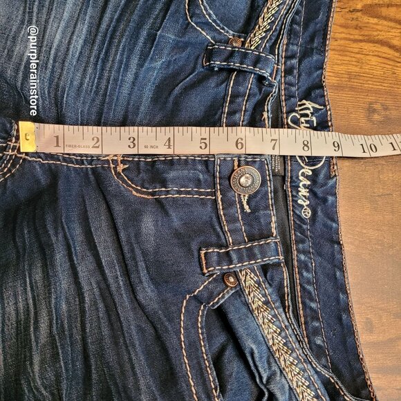 Ariya Bermuda Shorts 5/6 Lanai Cut Off Embellished Button Flap Dark Wash Stretch - Picture 8 of 12